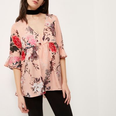 Pink satin floral print smock blouse